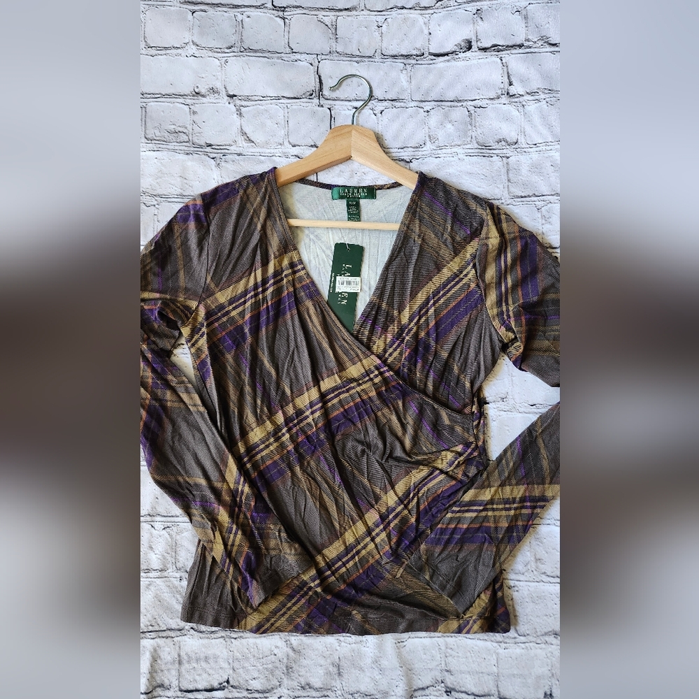 Ralph Lauren Plaid Wrap Top in Purple and Brown